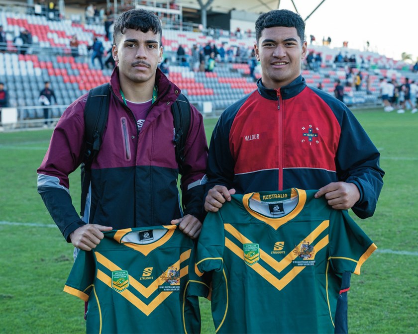 Michael Roberts and Isaiya Katoa receive their 2022 under-18 Australian Schoolboys jerseys.